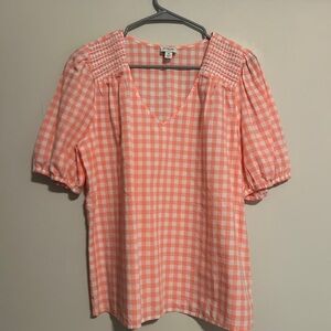 Women's Pink Gingham Top Puffy Short Sleeve 100% Cotton Oversized Medium